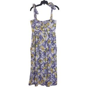 Mariana Penteado Linen Blend Lemon Print Midi Dress Tie Shoulder Pockets EUC